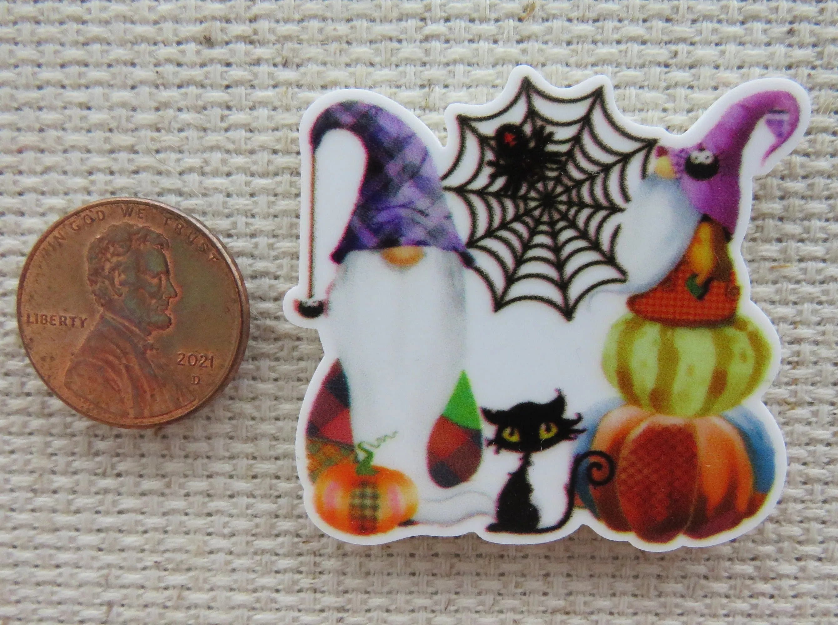 A Pair of Gnomes, a Spider in a Web and a Black Cat Needle Minder, Cover Minder, Magnet LAST ONE!