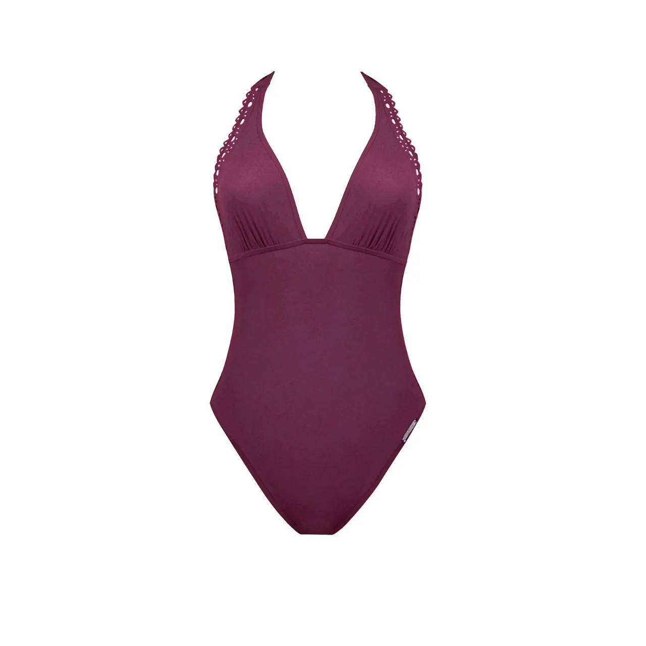 Ajourage Couture Plunging Back Halter Swimsuit in Prune