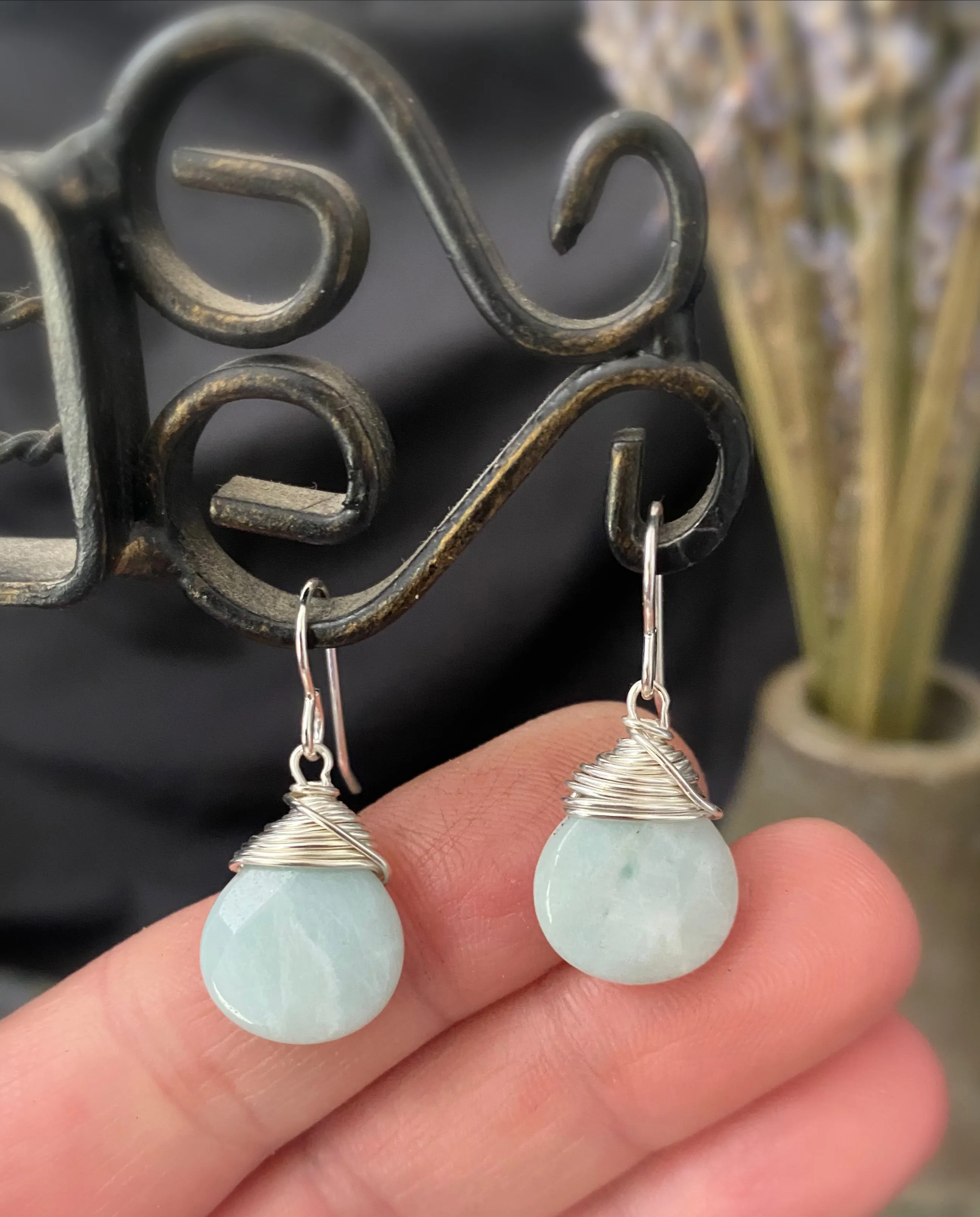 Amazonite  pear shape stone drops, sterling silver metal earrings, jewelry.