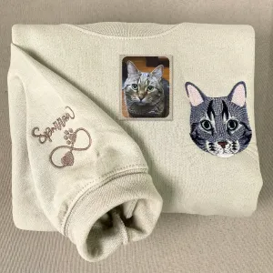 Custom Cat Face Sweatshirt or Hoodie from Photo, Embroidered Gifts for Cat Lovers