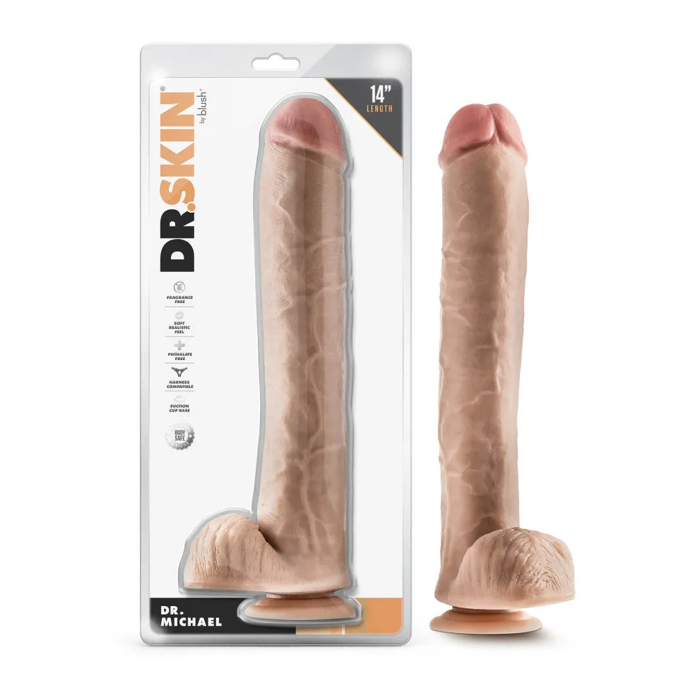 Dr. Skin By Blush® | Dr. Michael 14 Inch Long Dildo with Suction Cup & Balls Beige