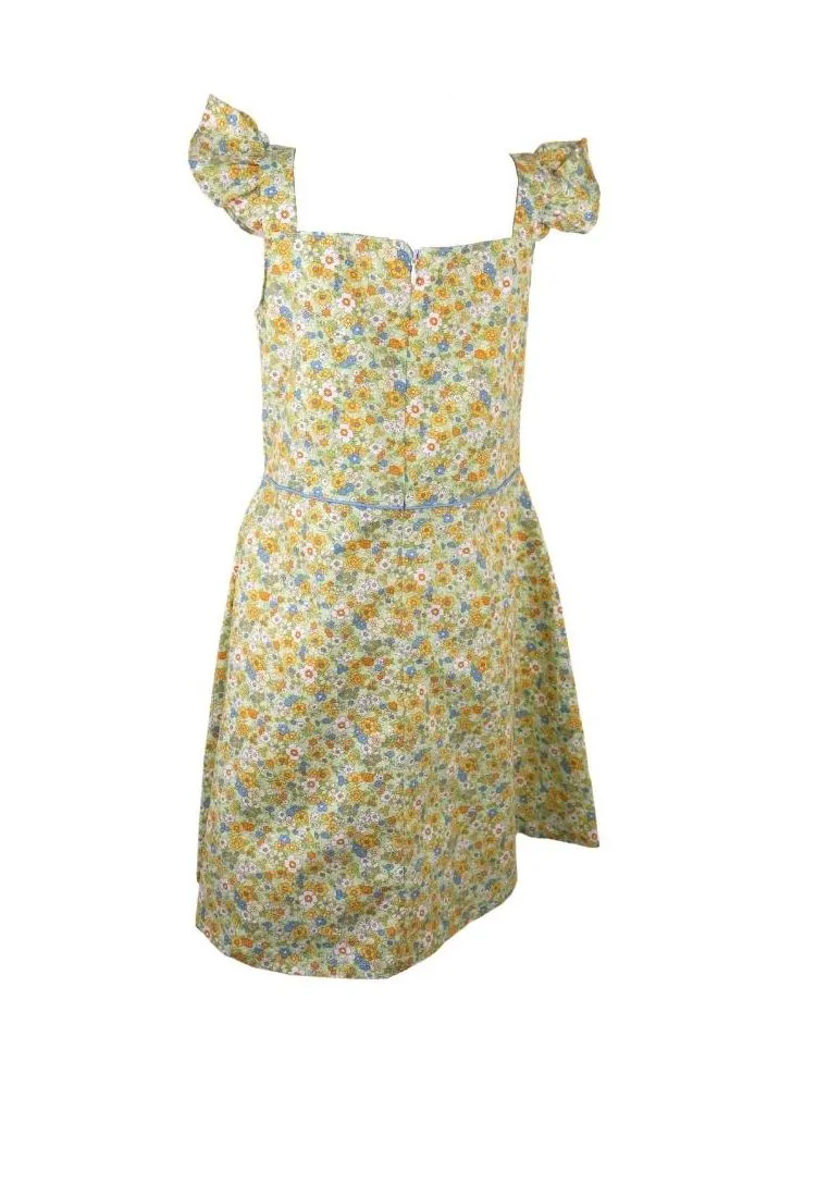 Dress Square Neck Flat Strap With Ruffles Bias Skirt With Ipit Piping On Waist Floral Printed With Lining Piping