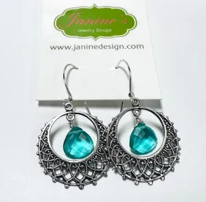 Filigree Emerald Earrings, Green/Blue Gemstone Earrings