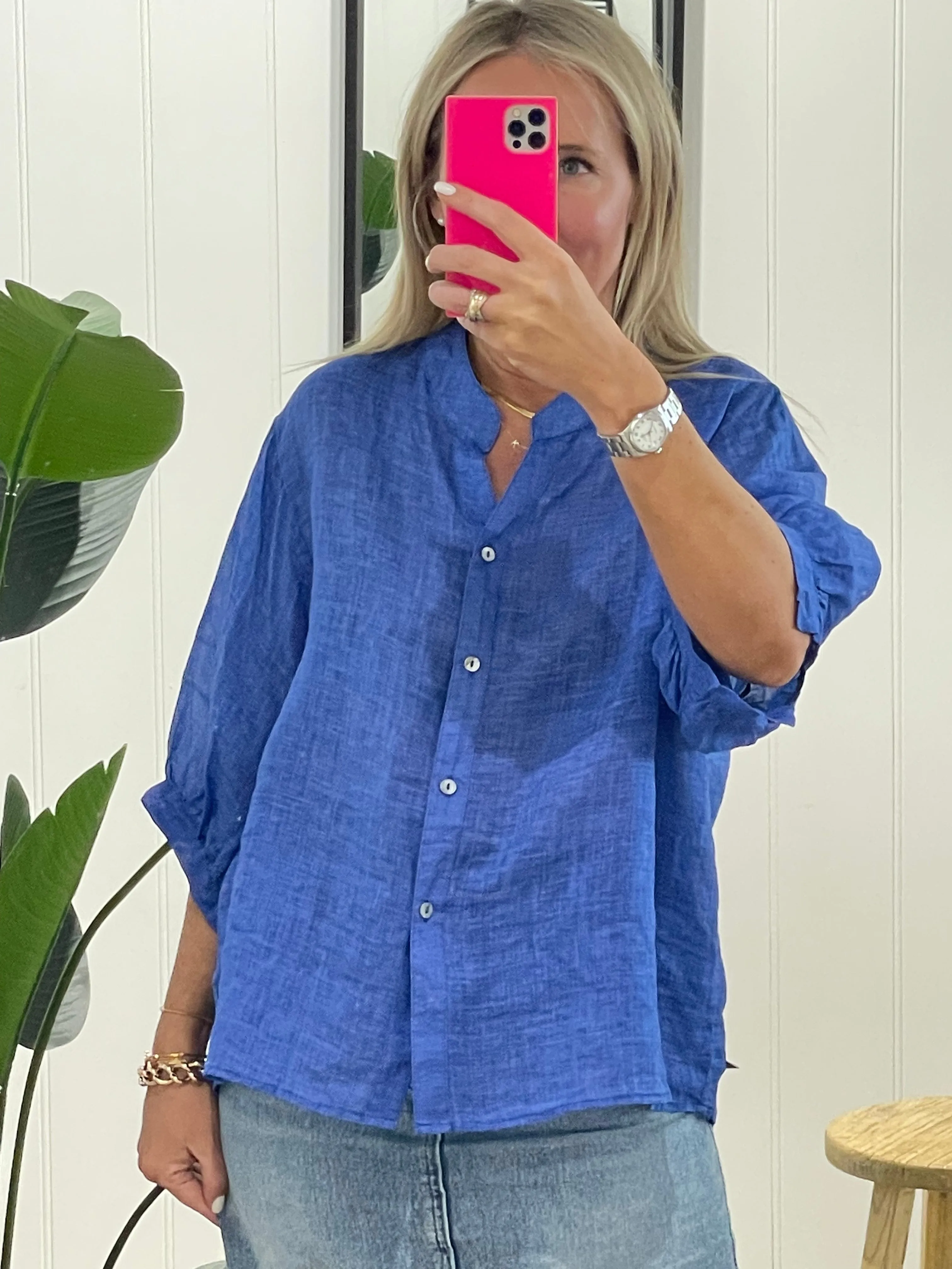 Fine Linen Shirt Travel Top - teal