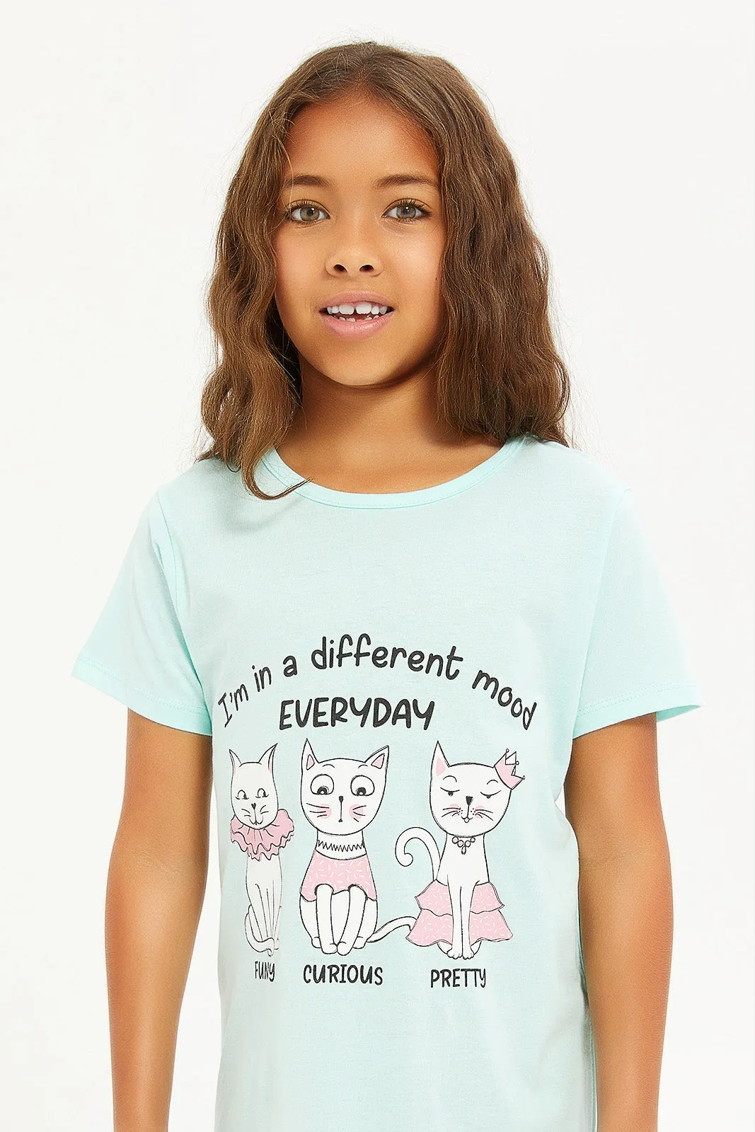 Girls Blue Cats Printed Nightshirt