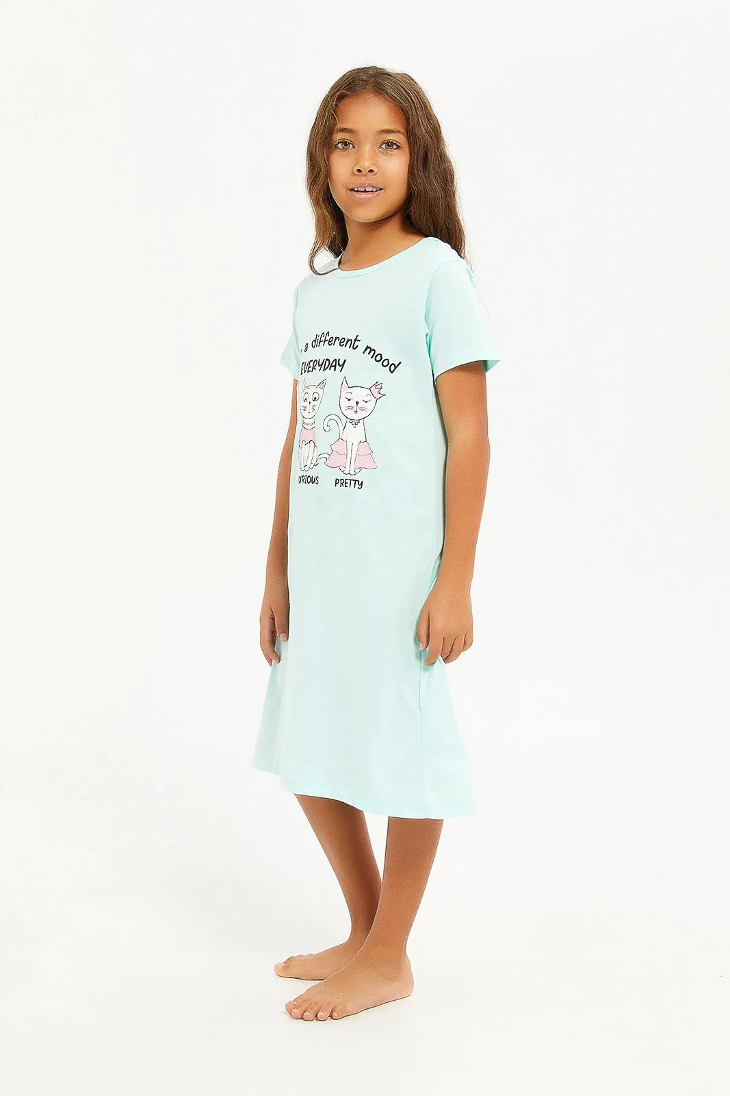 Girls Blue Cats Printed Nightshirt