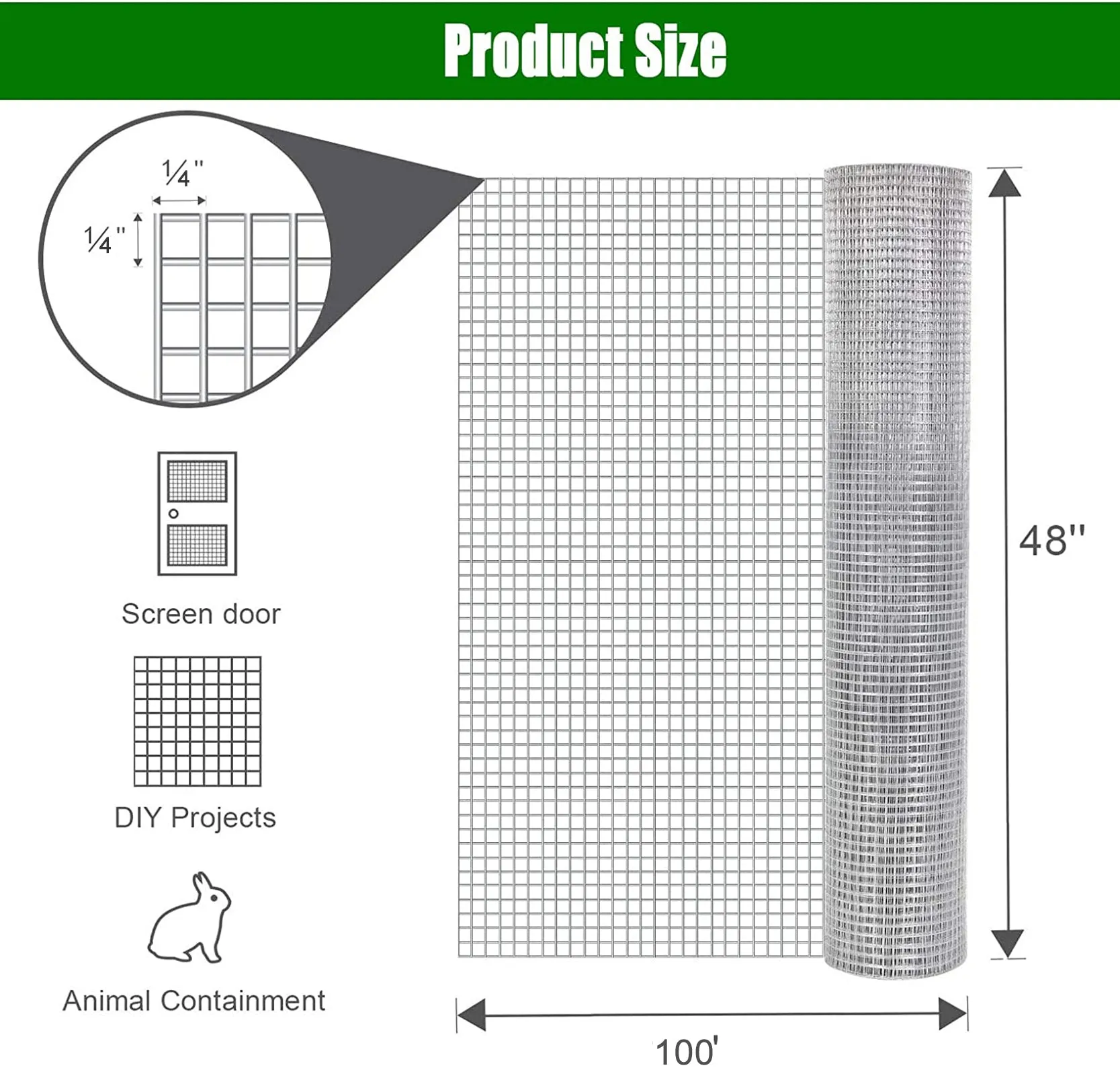 Hardware Cloth 1/4 inch 48in x 100ft 23 Gauge, Hot-dip Galvanized After Welding Chicken Wire Fence Roll Garden Plant Welded Metal Wire Fencing Roll, Rabbit Cages Snake Fence