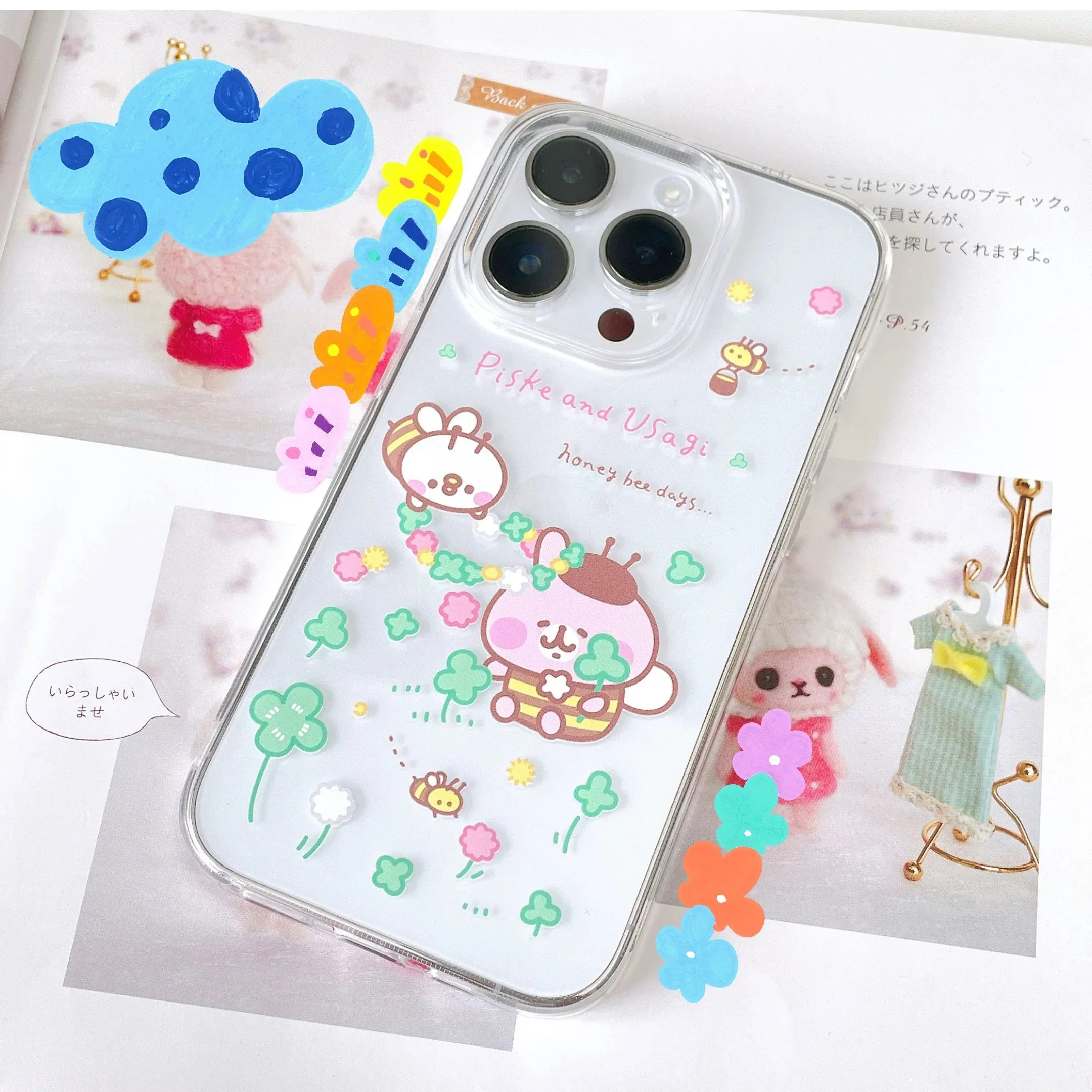 Japanese Cartoon Kanahei | Honey Bee Days Pink Rabbit and White Chicken - iPhone Case 12 13 14 15 Pro Promax