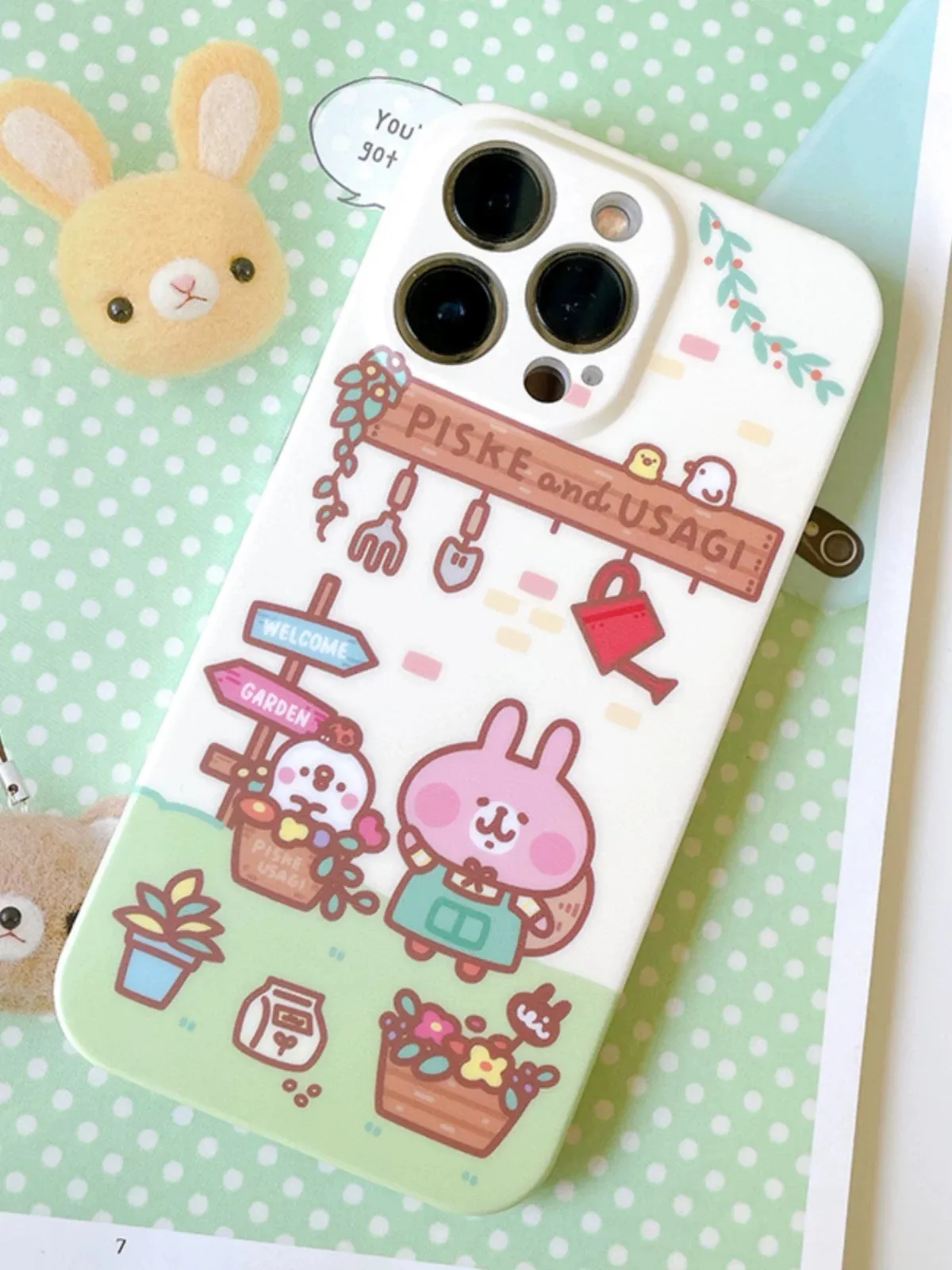 Japanese Cartoon Kanahei | In Garden House Pink Rabbit and White Chicken - iPhone Case 13 14 15 Pro Promax