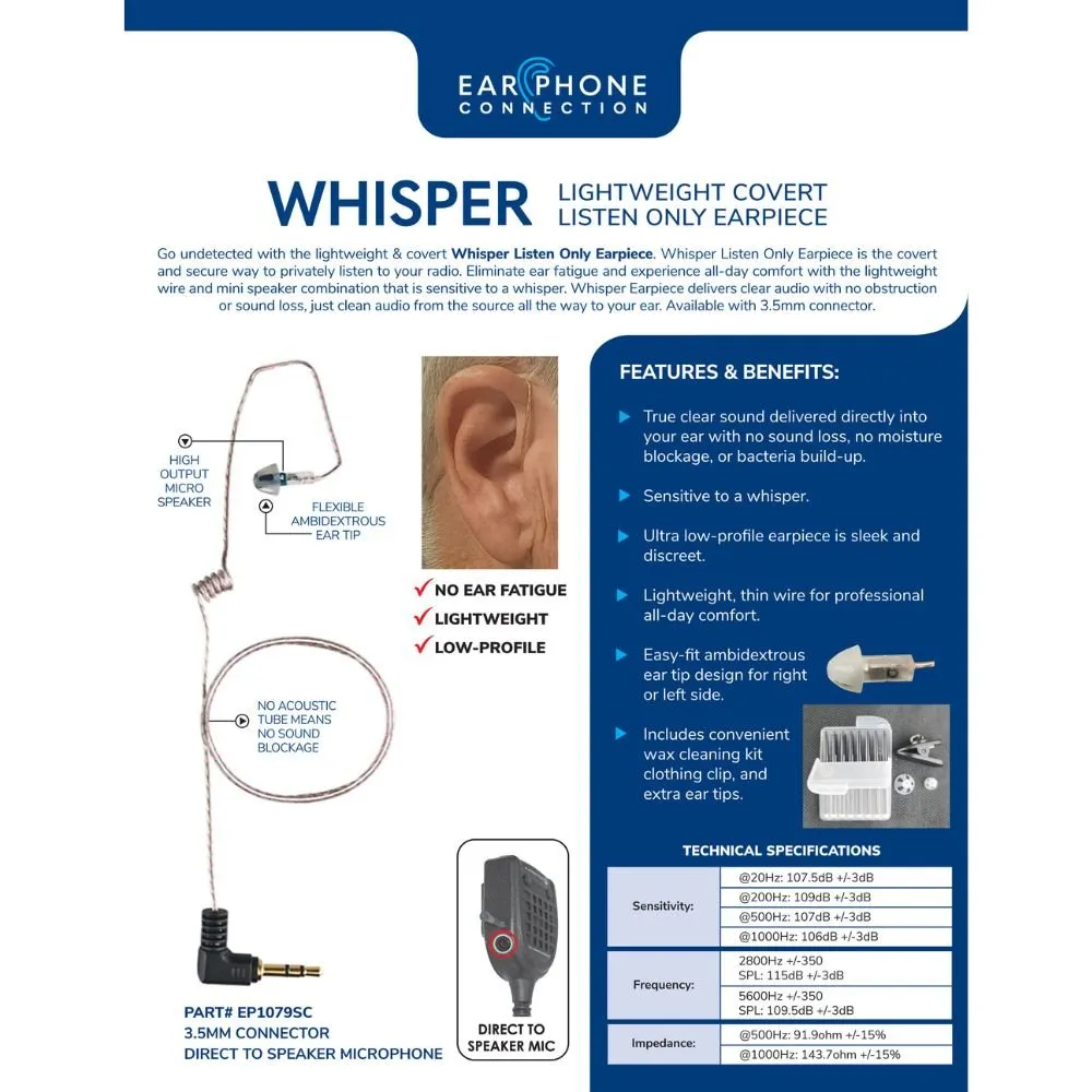 WHISPER, Covert Listen Only, 3.5mm (EP1079SC), Tubeless