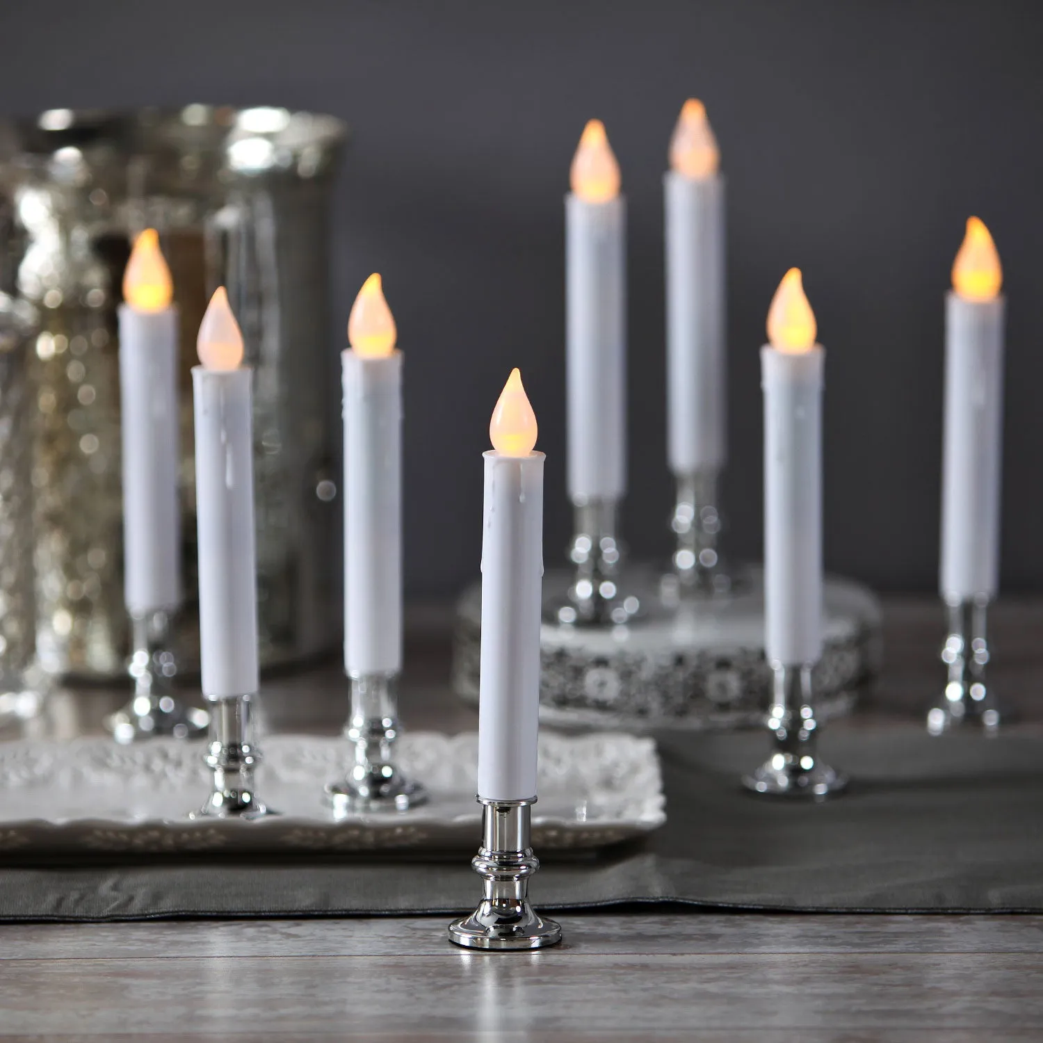 White 7" Flameless Resin Taper Candles with Silver Bases, Set of 8