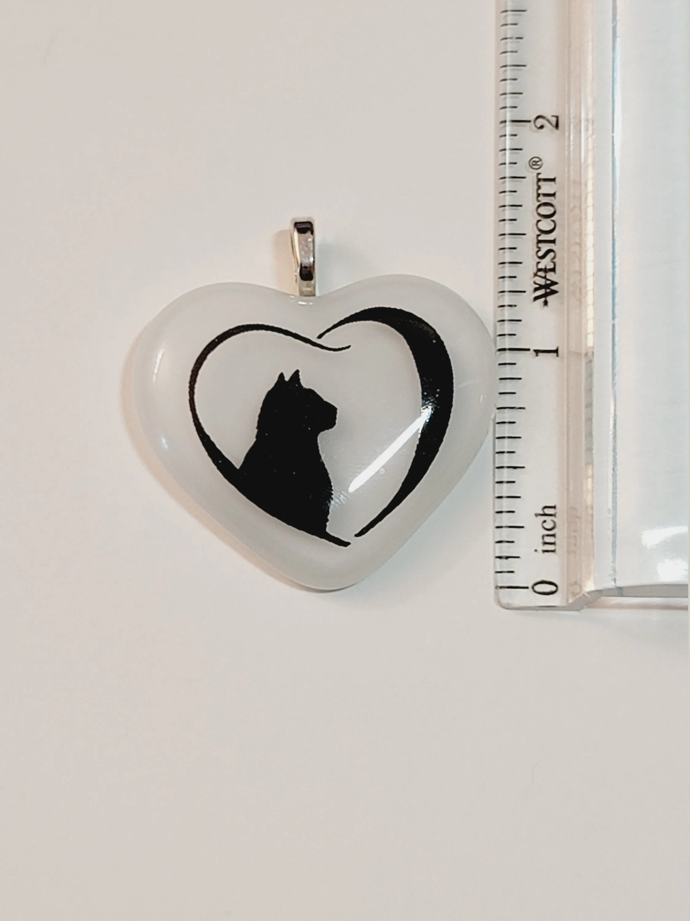 White  and Black Cat Heart whimsical fused Glass Pendant on  20 inch steel chain