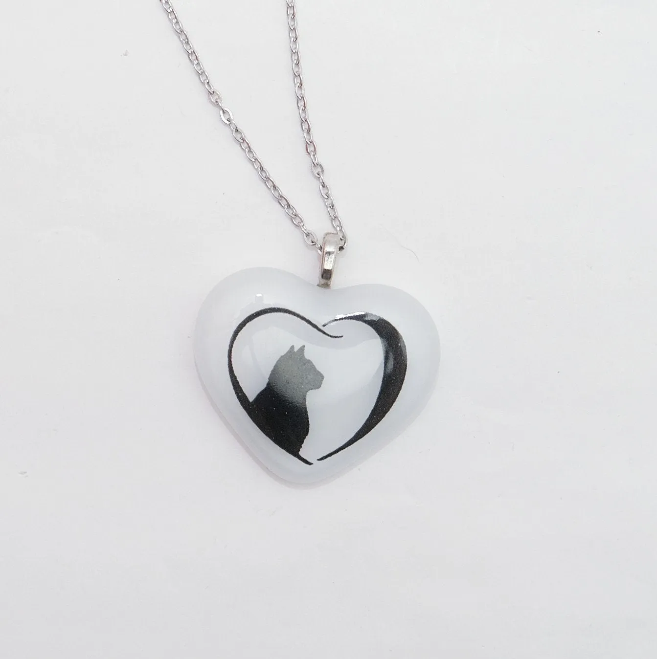 White  and Black Cat Heart whimsical fused Glass Pendant on  20 inch steel chain