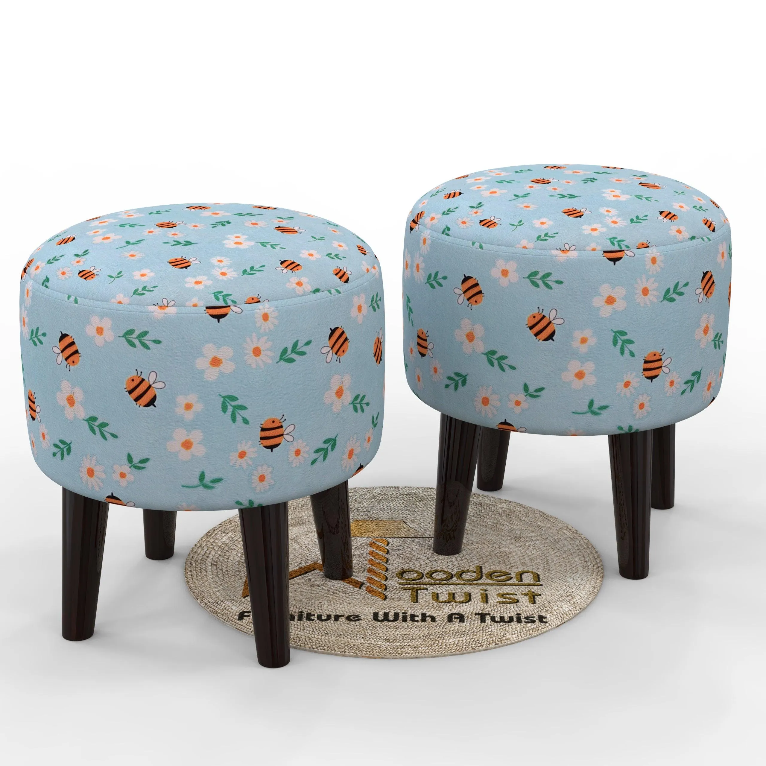 Wooden Twist Harlequin Puffy Ottoman Stool For Living Room ( Set of 2 )