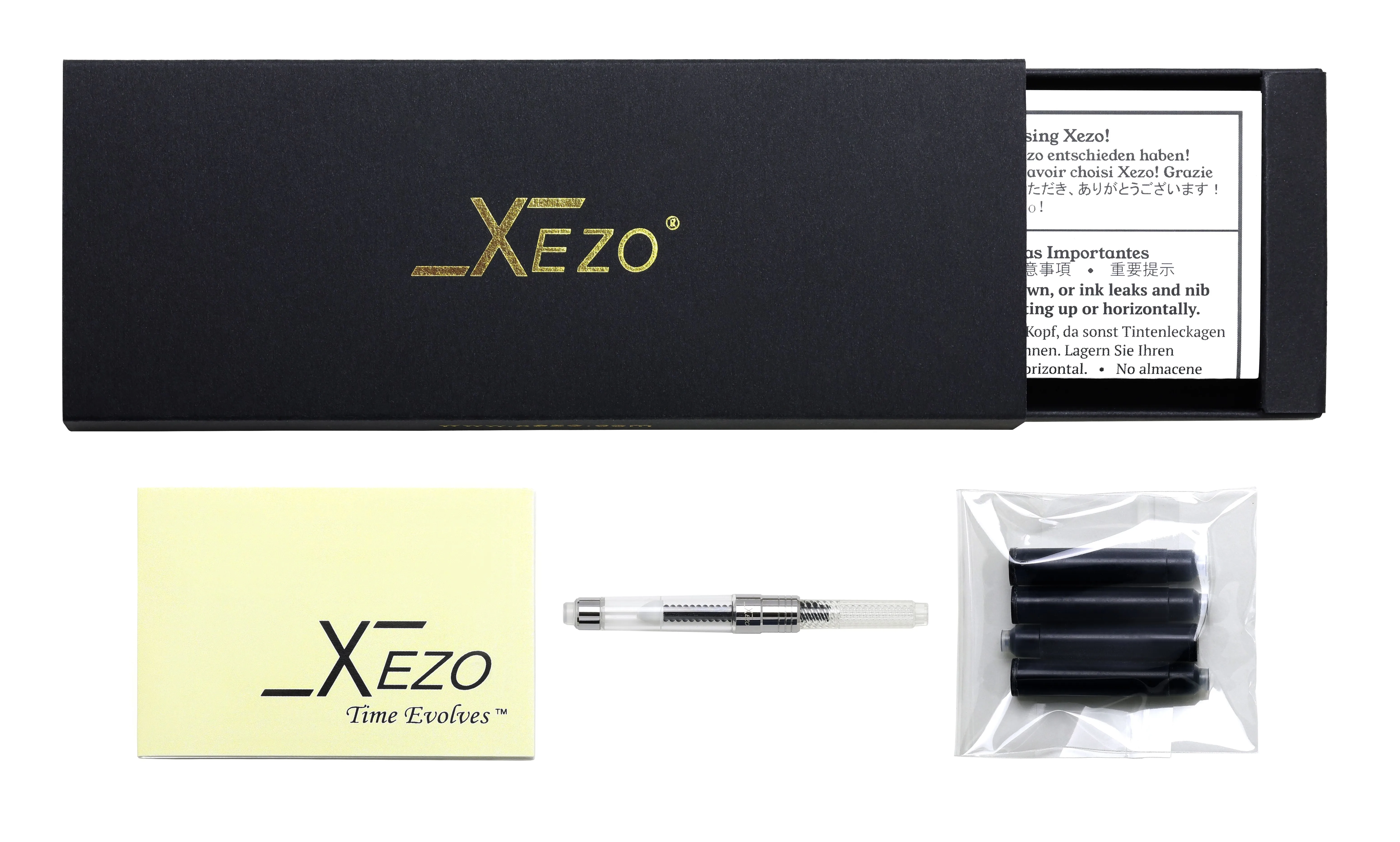 Xezo Speed Master™ Black Brass Fountain Pen (Medium Nib) - With White Mother of Pearl