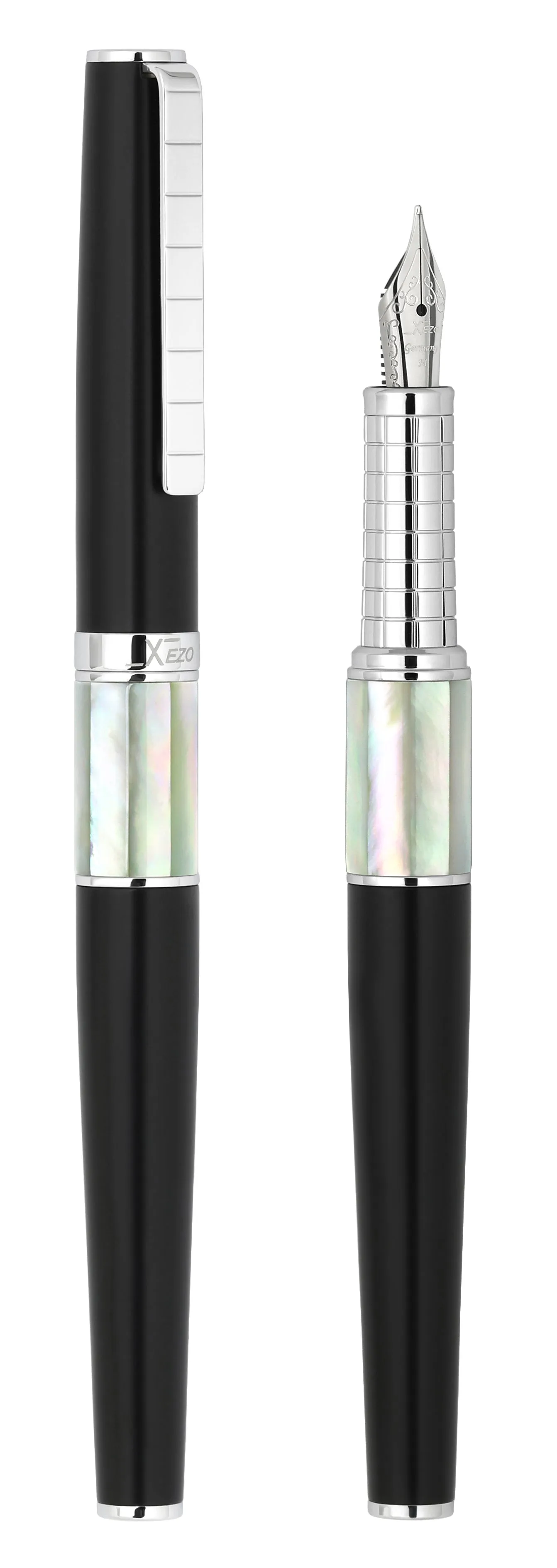 Xezo Speed Master™ Black Brass Fountain Pen (Medium Nib) - With White Mother of Pearl