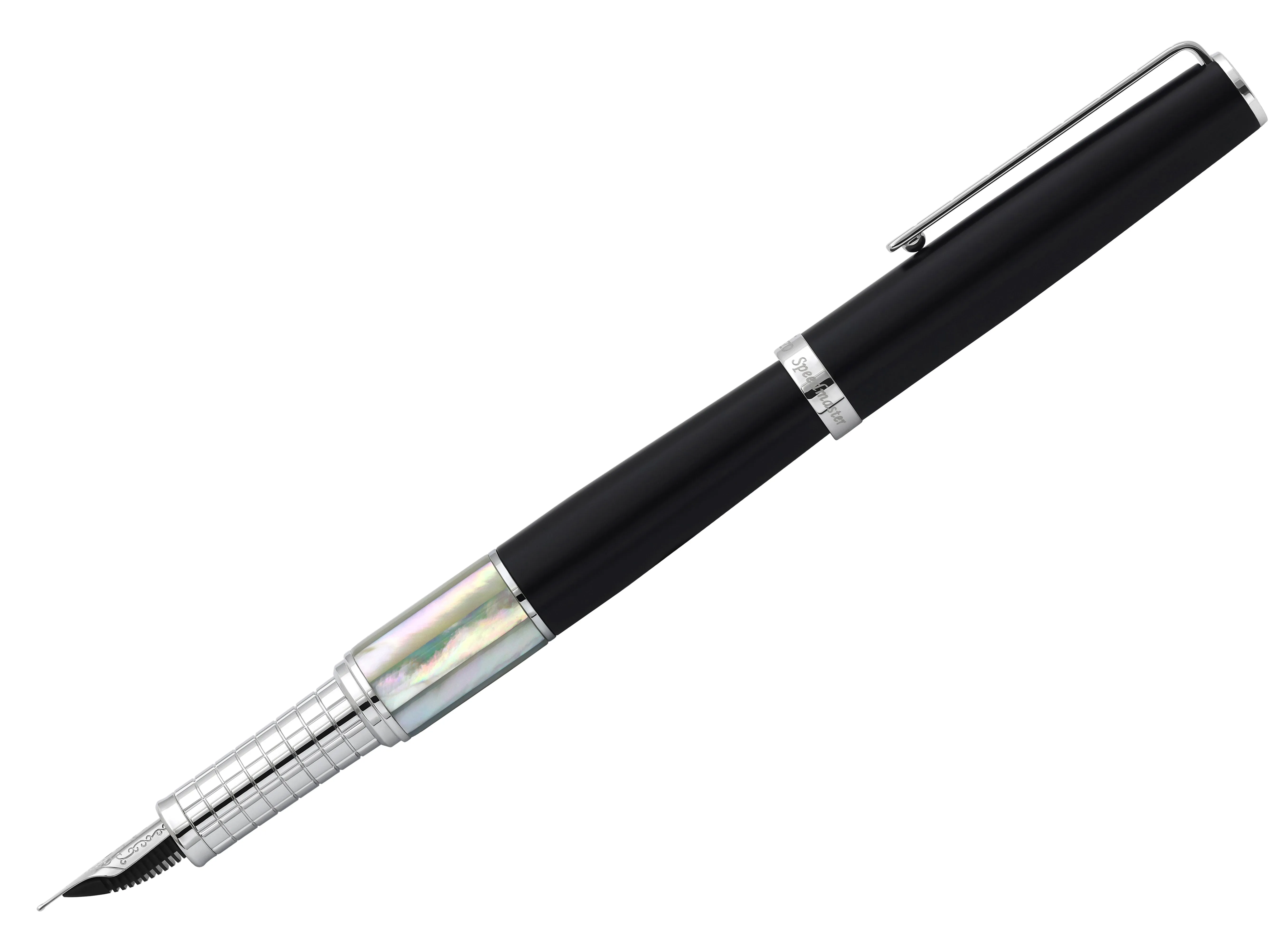 Xezo Speed Master™ Black Brass Fountain Pen (Medium Nib) - With White Mother of Pearl