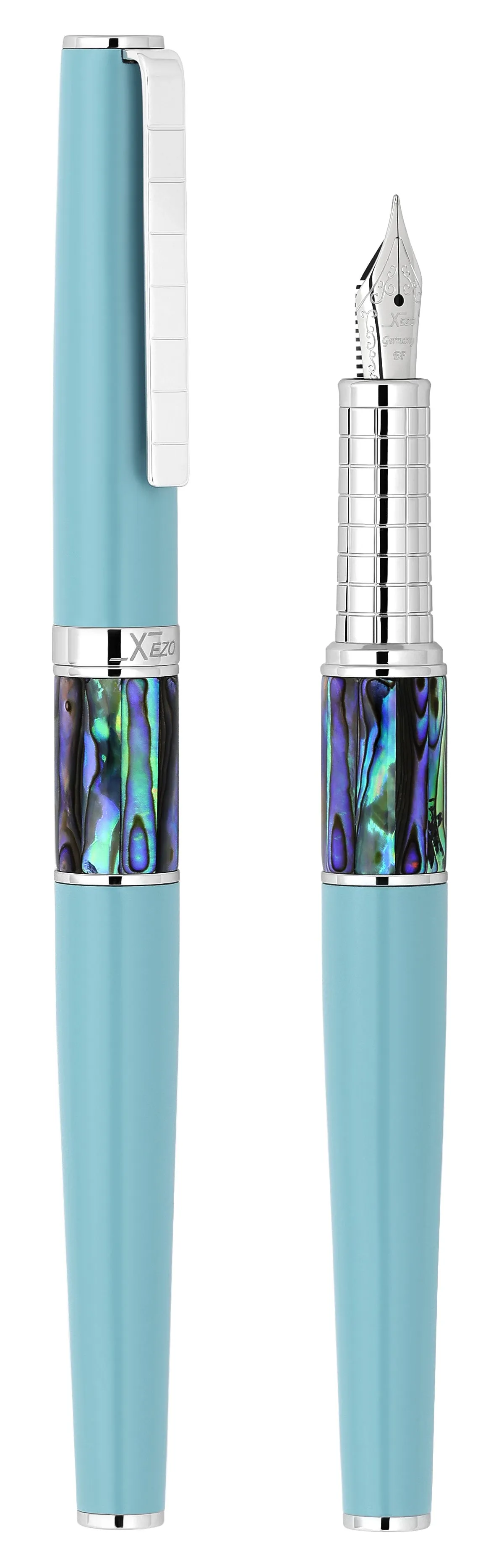 Xezo Speed Master™ Sky Blue Brass Fountain Pen (Exta Fine Nib) - With Paua Abalone